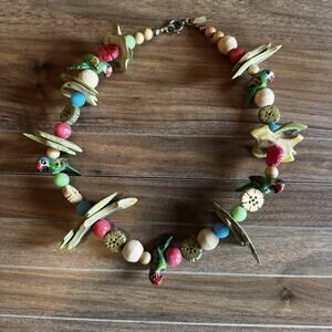Parrot Necklace Handcrafted Wooden Whimsical Tropical Wood Beads Painted Signed
